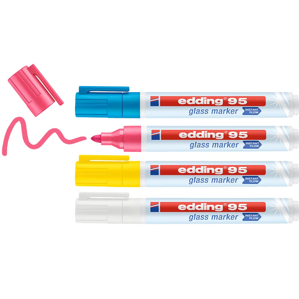 edding 95 glass marker - multi-colored - 4 glass pens - round nib 1.5-3 mm - washable window marker pen - for writing and marking on glass surfaces, windows, glassboards, whiteboards - dry-wipeable 10: Set of 4 - Multicolored