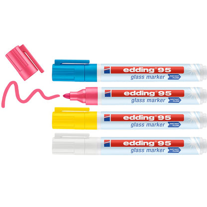 edding 95 glass marker - multi-colored - 4 glass pens - round nib 1.5-3 mm - washable window marker pen - for writing and marking on glass surfaces, windows, glassboards, whiteboards - dry-wipeable 10: Set of 4 - Multicolored