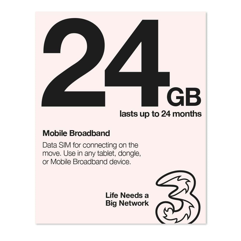 Three 3G 4G & 5G-Ready 24Gb Prepaid Mobile Broadband Trio Sim Card
