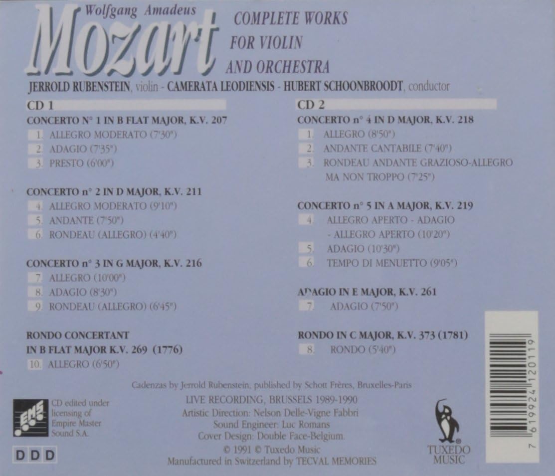 MOZART COMPLETE WORKS FOR VIOLIN AND ORCHESTRA RUBENSTEIN Jerrold Violin & Camerata Leodiensis conductor Schoonbroodt Hubert