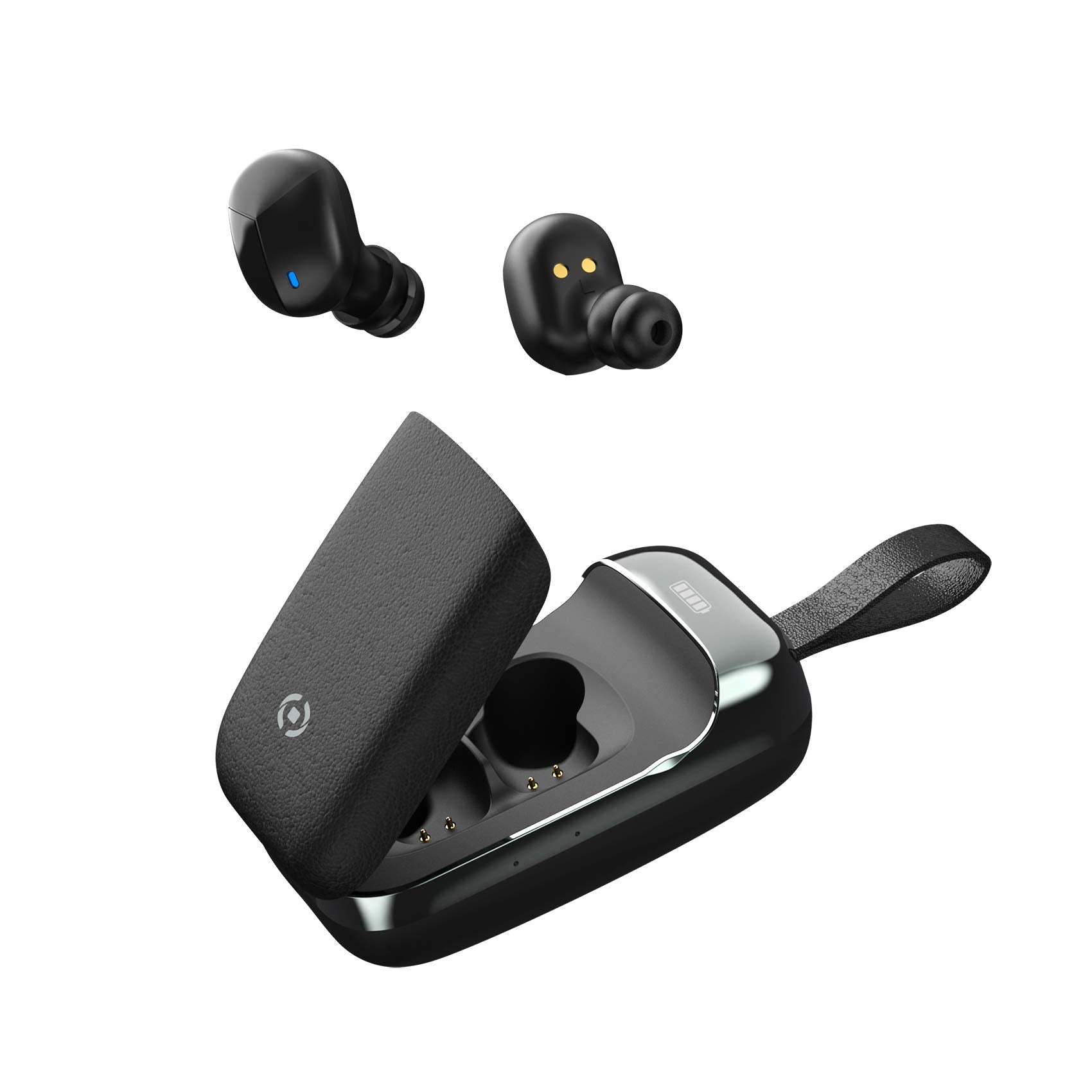 Celly Bluetooth 5.0 TWS Headphones with FLIP1 Microphone, Wireless Headphones with Sound and Stereo Calls, Multifunction Keys Remote Control with Portable Charging Box with Lanyard, Black Black/White