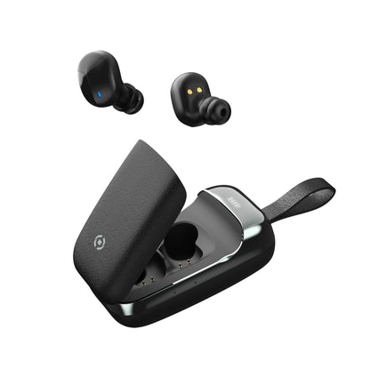 Celly Bluetooth 5.0 TWS Headphones with FLIP1 Microphone, Wireless Headphones with Sound and Stereo Calls, Multifunction Keys Remote Control with Portable Charging Box with Lanyard, Black Black/White