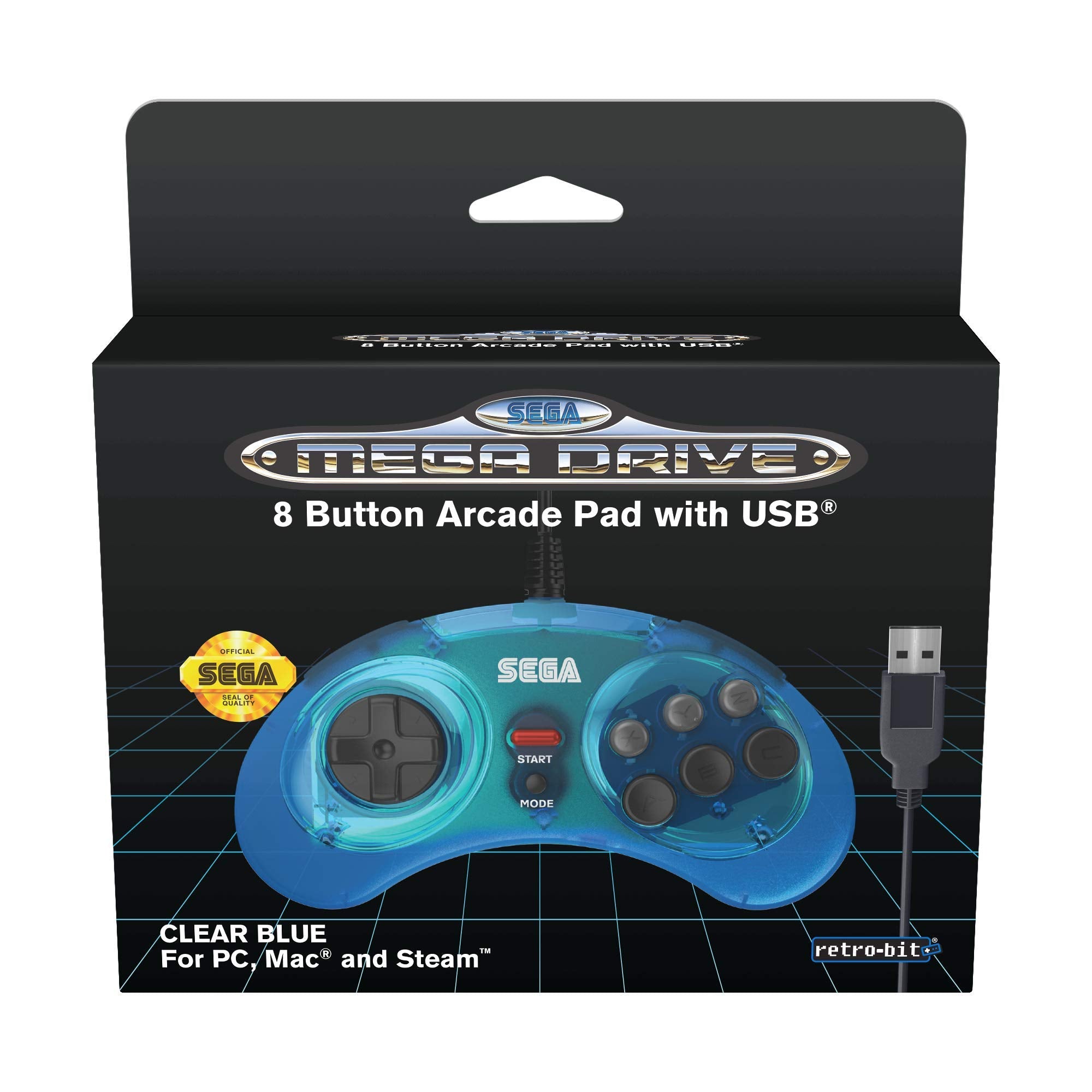 Retro-Bit Official SEGA Mega Drive USB Controller 8-Button Arcade Pad for PC, Mac, Steam, RetroPie, Raspberry Pi - USB Port - Clear Blue Single