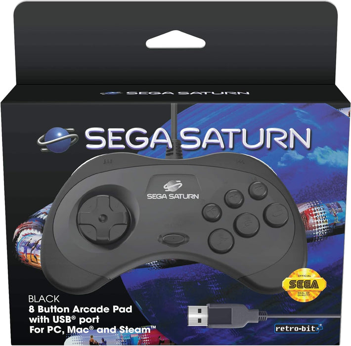 Retro-Bit Official SEGA Saturn USB Control Pad for PC, Mac, Steam, RetroPie, Raspberry Pi - USB Port - Black