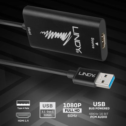 LINDY Video Capture Device, HDMI to USB 3.0, 1920x1080p 60FPS, Broadcast Live & Record via DSLR, Camcorder, ActionCam, for use with Teams, Zoom, Skype & Live streaming with OBS, Xsplit, Shadowplay