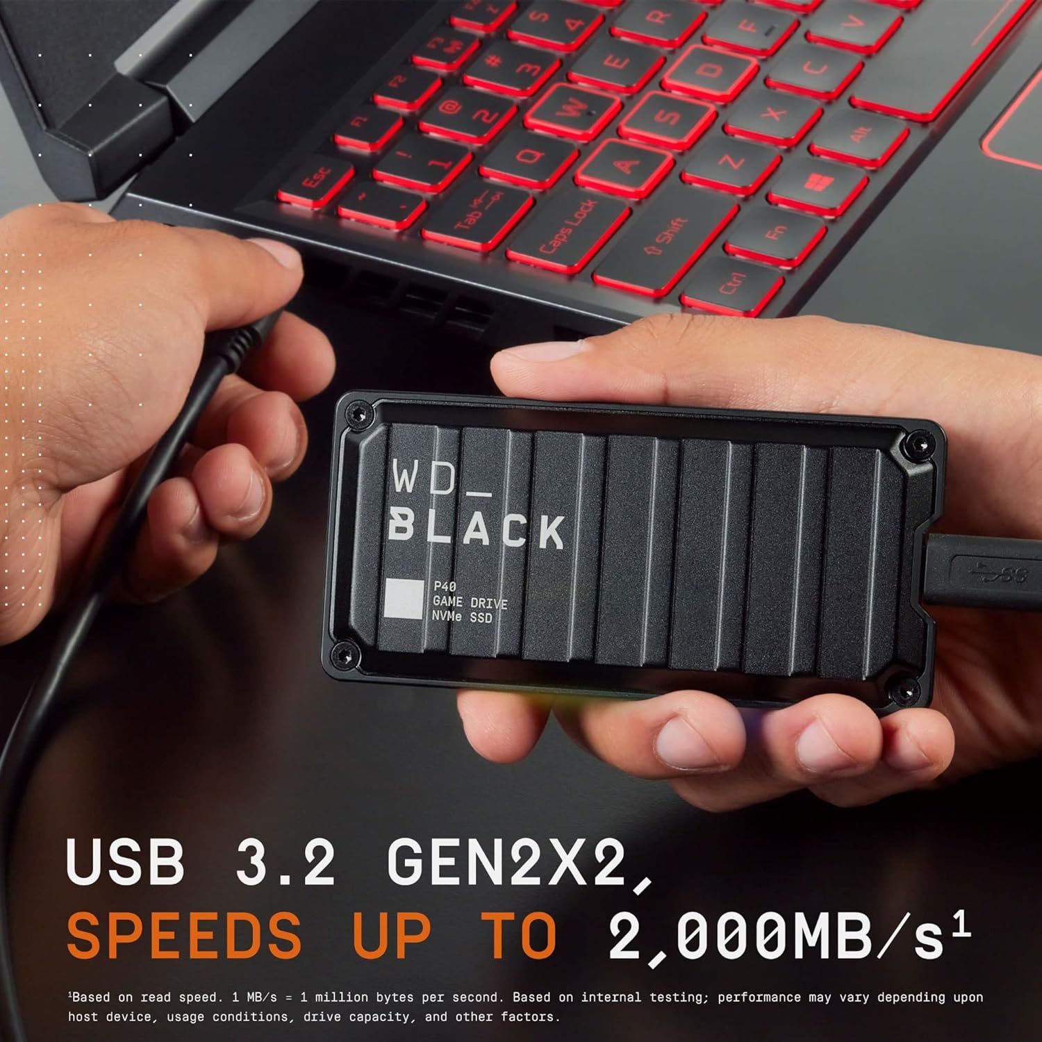 WD_BLACK 500GB P40 Game Drive SSD, External NVMe Solid State Drive up to 2000 MB/s, USB-C USB 3.2 Gen 2x2, Customizable RGB lighting works with Playstation, Xbox, PC, & Mac Portable SSD 500GB Console or PC