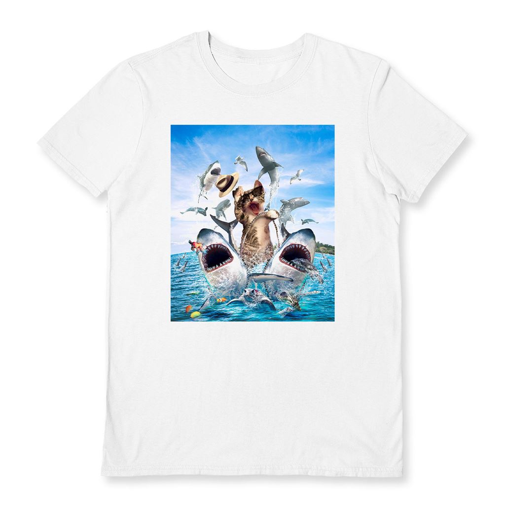 RANDOM GALAXY (CAT RIDING SHARKS) WHITE UNISEX T-SHIRT