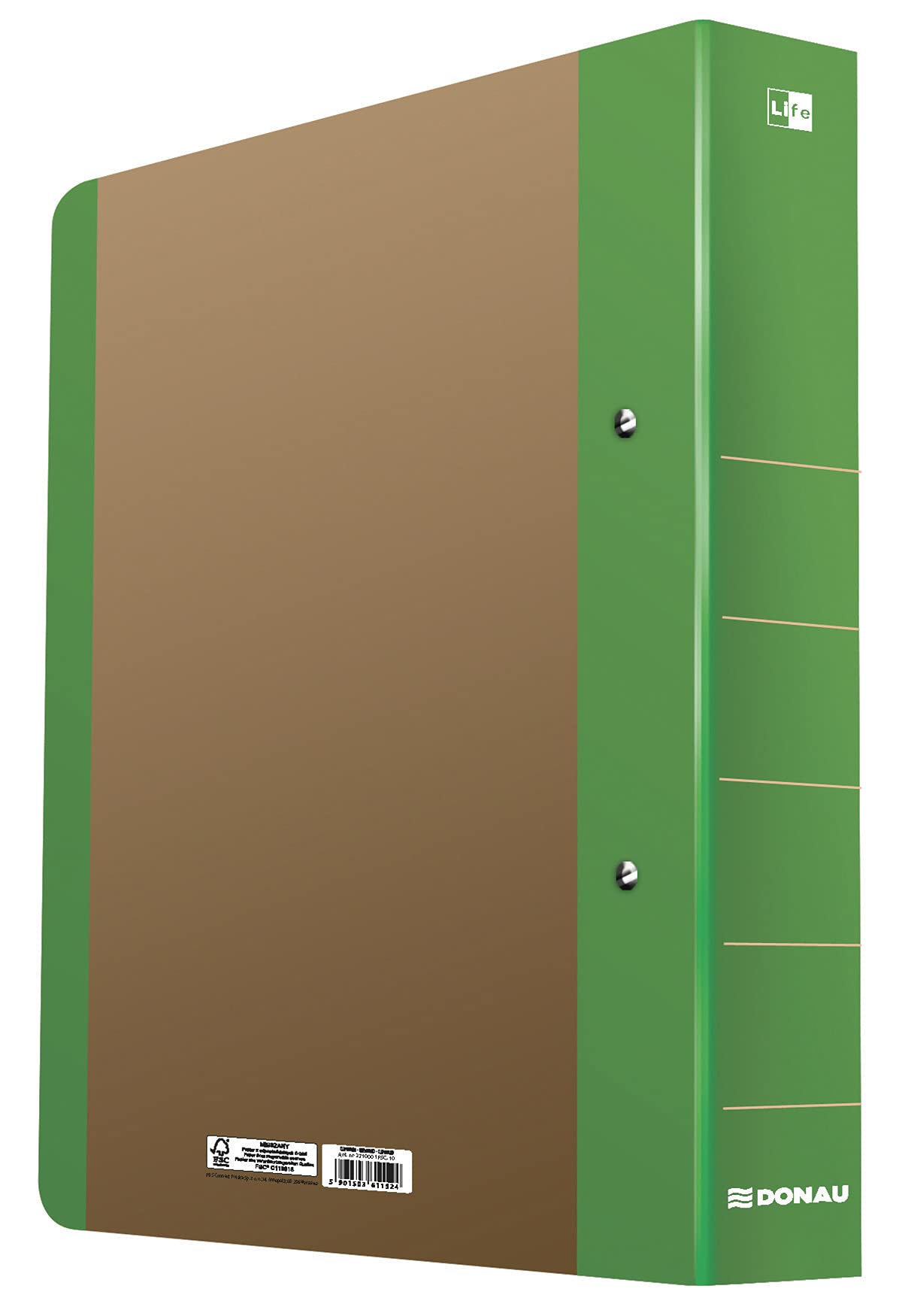 Ring Binder DONAU Life A4/2RD/50mm Green/Document Archiving/Type-A4 / 2RD / 50mm / Material-Cardboard/Reinforcement Strip-No Slat Edge/Label-No Label/Colour-Green/Format-A4 zielony