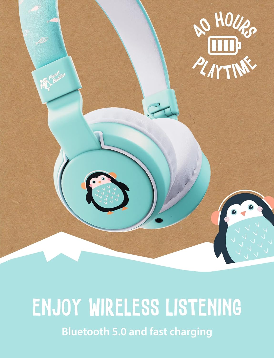 Planet Buddies Kids Headphones, Foldable Wireless On Ear Bluetooth Headphones for Kids with Microphone, 85dB Volume Limiter, Cute Penguin Kids Earphones for Tablets and Phones, Travel, School & Music