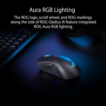 ASUS ROG Gladius III Wireless Gaming Mouse, 3 Connection Modes - Wired / Bluetooth / RF 2.4 GHz, 19,000 DPI Optical Sensor, 6 Programmable Buttons, RGB, 85 Hour Battery Life, Ergonomic, Black