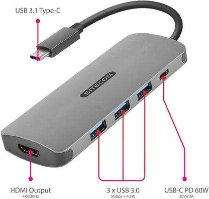 Sitecom USB-C to HDMI Adapter - with USB-C Power Delivery + 3 USB 3.0 Ports