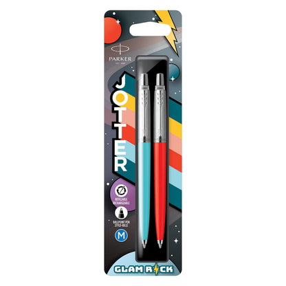 Parker Jotter Originals Ballpoint Pens | Glam Rock Collection | Azure Blue & Vermilion | Blue Ink | 2 Count Azure Blue, Vermilion 2 count (Pack of 1)