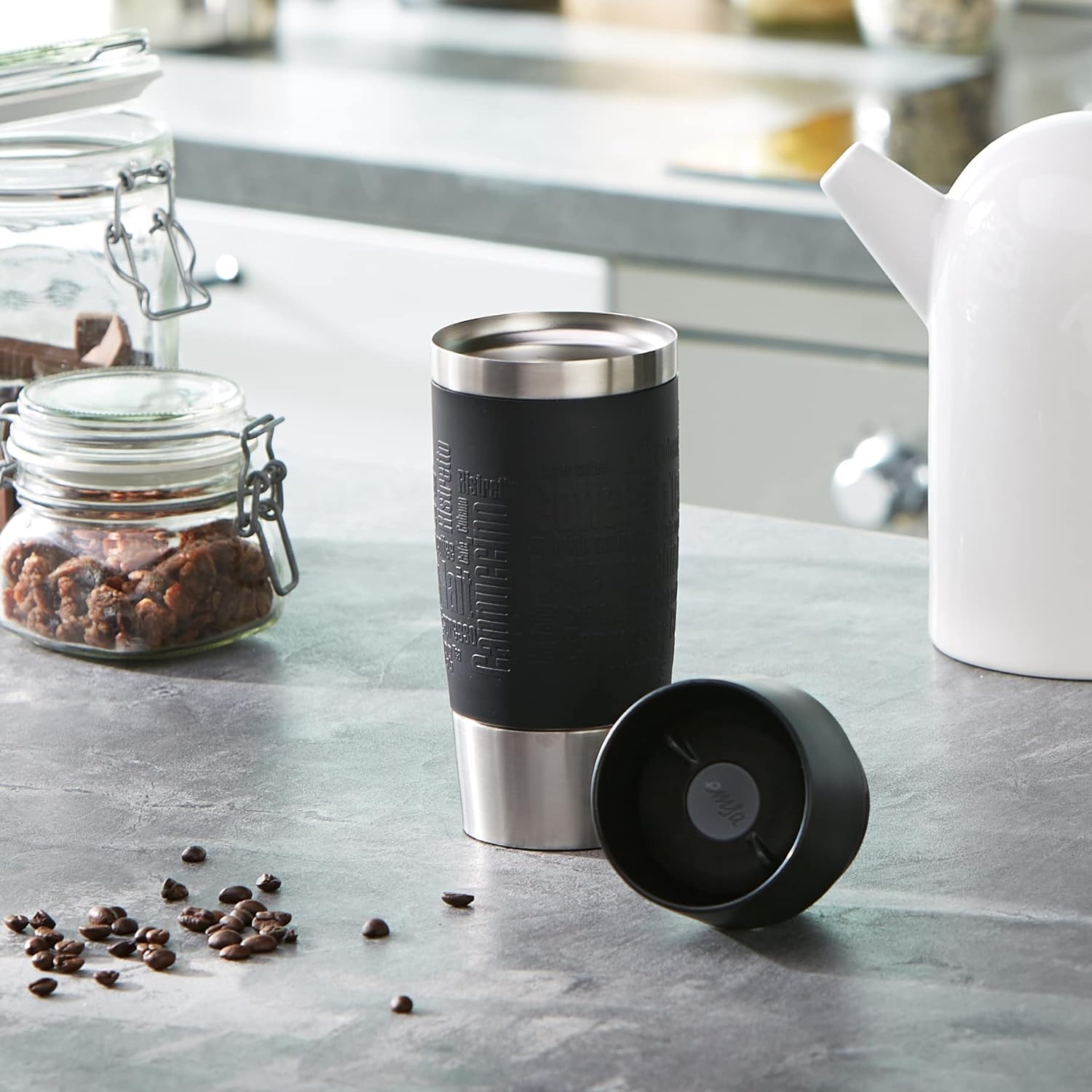 Emsa Vacuum Travel Mug 12.2 fl .oz. in black, Stainless Steel, 1 Count (Pack of 1) Previous model Sleeve Black