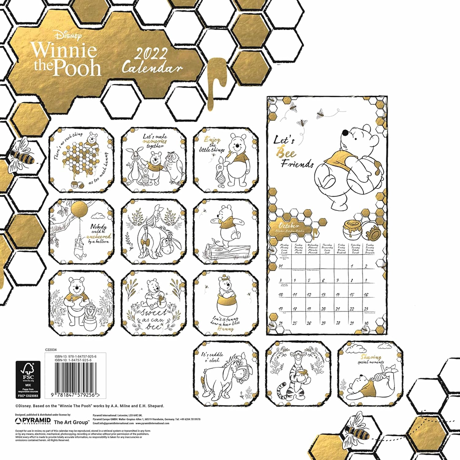 Disney Winnie The Pooh Calendar 2022 - Month to a View Planner 30cm x 30cm - Official Merchandise