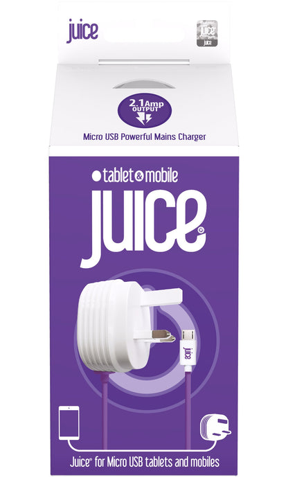 Juice Micro USB Powerful Mains Charger for use with compatible Blackberry, Samsung & HTC Mobiles & Tablets, 2.1 Amp Single