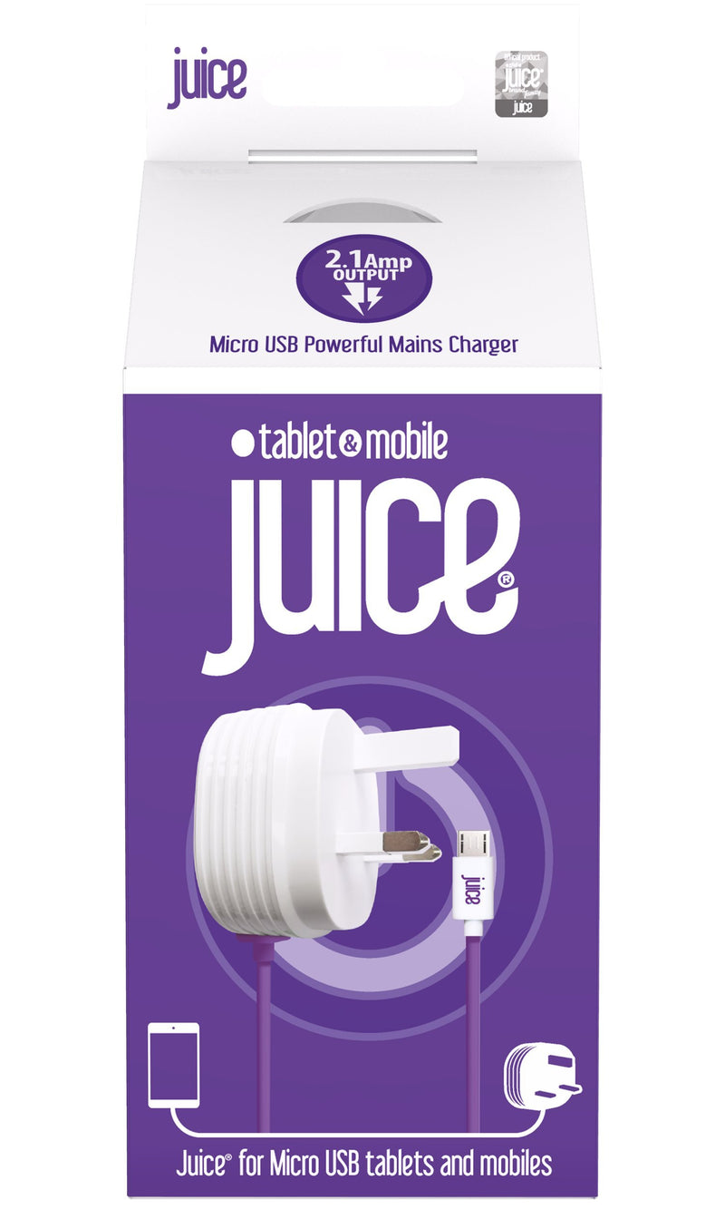 Juice Micro USB Powerful Mains Charger for use with compatible Blackberry, Samsung & HTC Mobiles & Tablets, 2.1 Amp Single
