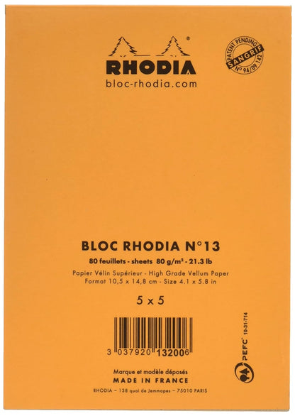 RHODIA 13200C - Stapled Notepad N°13 Orange - A6 - Small Squares - 80 Detachable Sheets - 80G Clairefontaine Paper - Soft, Resistant and Waterproof Coated Card Cover - Basics