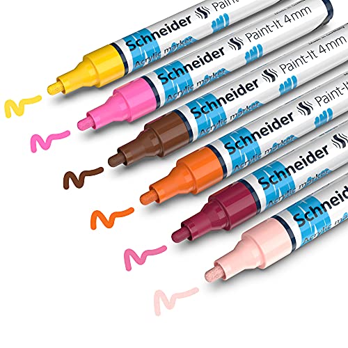Schneider Paint-It 320 Acrylic Marker Set 3 (4 mm Round tip, high Coverage, Brilliant Colour, for Almost All Surfaces) 6 Pieces 4mm Strichbreite Set 3