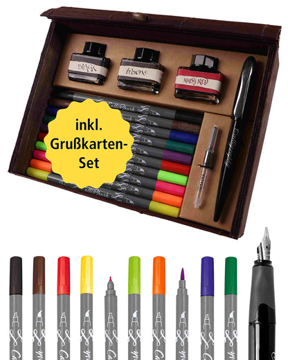 Calligraphy Master Set all-in-one: fountain pen with nib 1,4mm, 10 brush pens double tip with brush & nib, 3 ink bottles, converter, greeting set for handlettering/bulletjournaling/creative writing