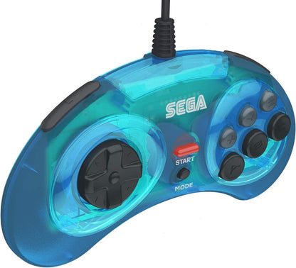 Retro-Bit Official SEGA Mega Drive USB Controller 8-Button Arcade Pad for PC, Mac, Steam, RetroPie, Raspberry Pi - USB Port - Clear Blue Single