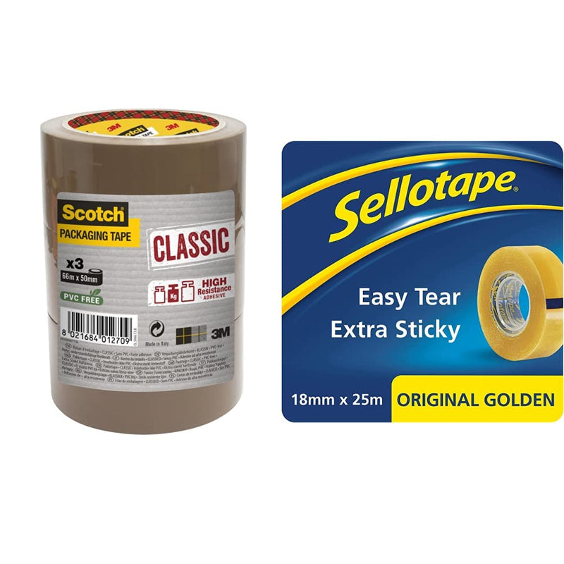 Scotch Packaging Tape Roll - Brown - 50 mm x 66 m Pack of 3 & Sellotape Original Golden, Multi-Purpose Clear Tape for Household Objects, Clear Packing Tape for Sticking Envelopes or Cards, 18mmx25m + ADHESIVE_TAPES,1443170