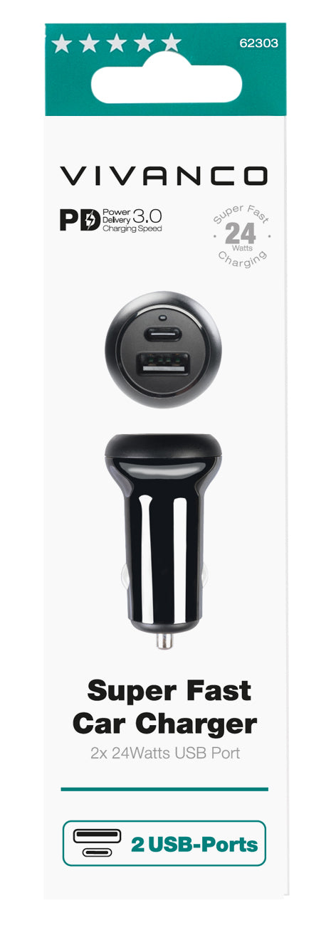 Vivanco - Car Charger 1Xusb-C Pd / Usb-A  2X24W
