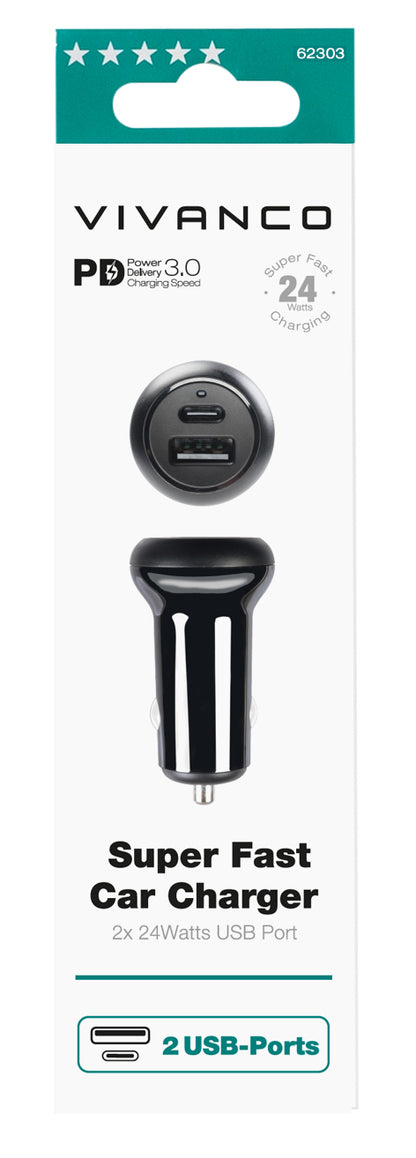 Vivanco - Car Charger 1Xusb-C Pd / Usb-A  2X24W