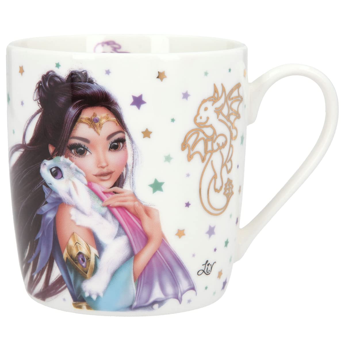 Depesche 11742 TOPModel Dragon Love Mug in White with Dragon and Model Print, Multi-Coloured Stars Design and Gold Accents, Porcelain Drinking Mug, Capacity Approx. 300 ml
