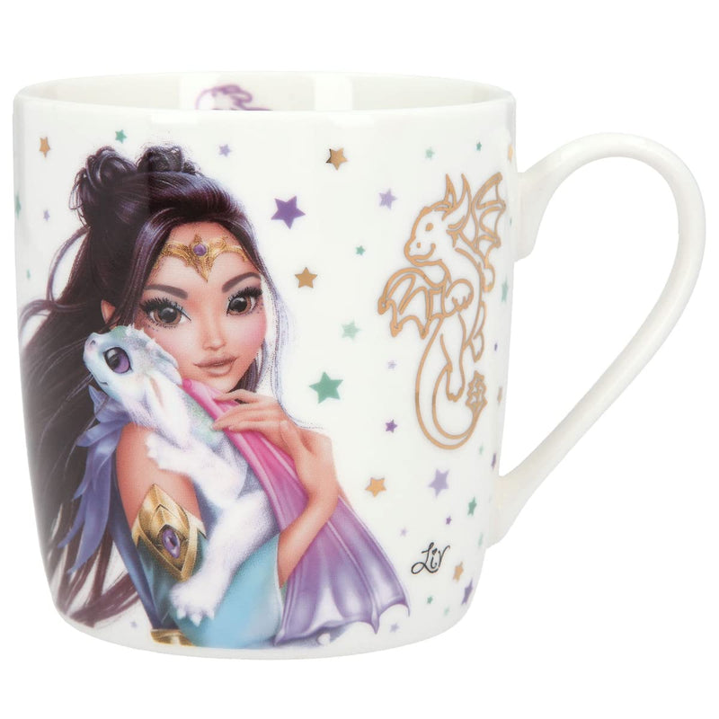 Depesche 11742 TOPModel Dragon Love Mug in White with Dragon and Model Print, Multi-Coloured Stars Design and Gold Accents, Porcelain Drinking Mug, Capacity Approx. 300 ml