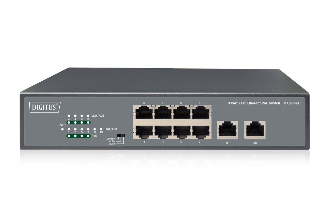 Digitus 8 Port Fast Ethernet PoE Switch, 19 Inch, Unmanaged, 2 Uplinks