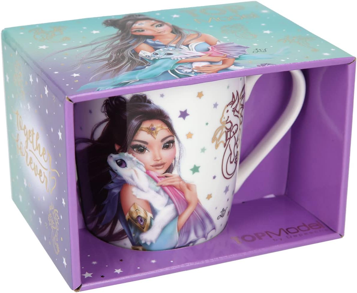 Depesche 11742 TOPModel Dragon Love Mug in White with Dragon and Model Print, Multi-Coloured Stars Design and Gold Accents, Porcelain Drinking Mug, Capacity Approx. 300 ml