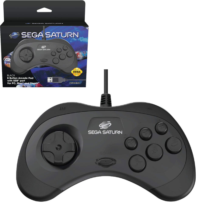 Retro-Bit Official SEGA Saturn USB Control Pad for PC, Mac, Steam, RetroPie, Raspberry Pi - USB Port - Black