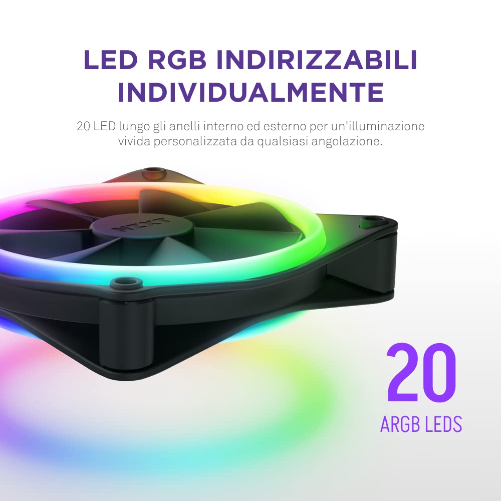 NZXT F140 RGB Duo Twin Pack - 2 x 140mm Dual-Sided RGB Fans with RGB Controller – 20 Individually Addressable LEDs – Balanced Airflow and Static Pressure – Fluid Dynamic Bearing – PWM – Black