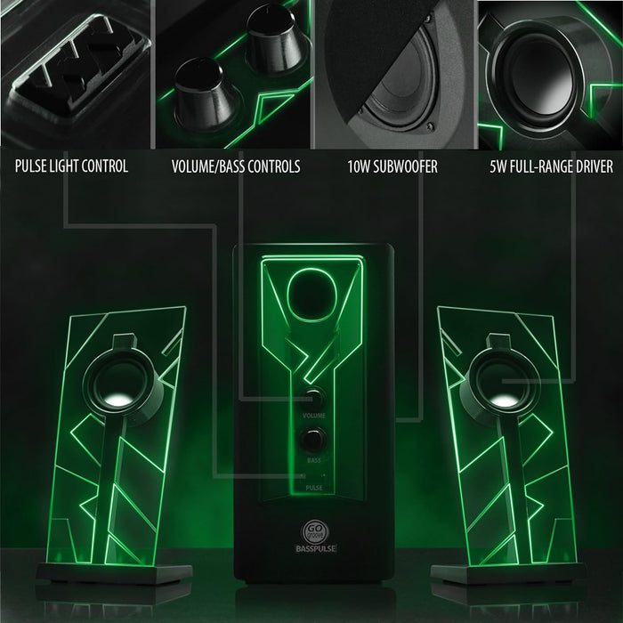 GOgroove BassPULSE 2.1 Computer Speakers with Green LED Glow Lights and Powered Subwoofer - Gaming Speaker System for Music on Desktop, Laptop, PC with 40 Watts, Heavy Bass