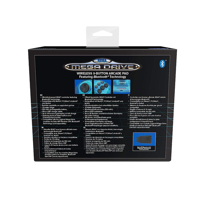 Retro-Bit Official SEGA Mega Drive Wireless Bluetooth Controller 8-Button Arcade Pad for PC, Switch, Mac, Steam, RetroPie, Raspberry Pi - Clear Blue Single