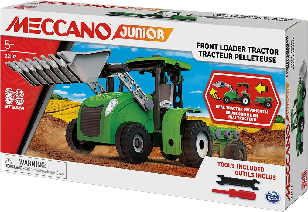 Meccano Junior, Front Loader Tractor with Moving Parts and Real Tools, Toy Model Building Kit, STEM Toys for Kids Ages 5 and up