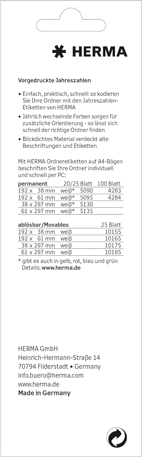 HERMA 1682 Year Numbers Stickers for Folders, 20 Sheets, 60 x 26 mm, 5 per Sheet, 100 Stickers, Self-Adhesive, Opaque Text Labels, Matte, 100 Adhesive Paper Labels, Blue 2022.