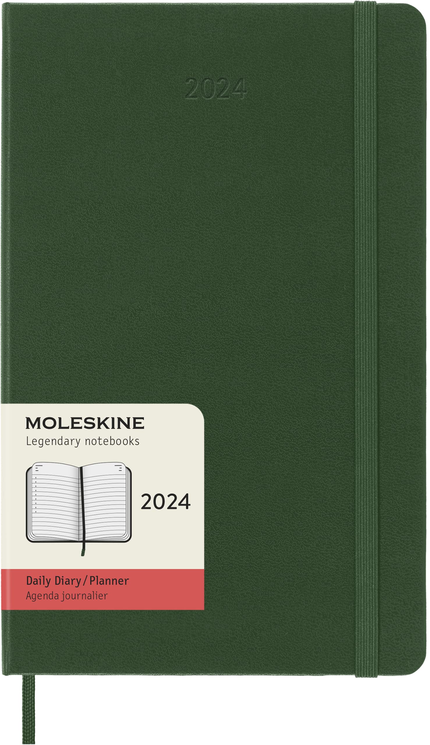 Moleskine Daily Agenda 12 Months 2024, Agenda 2024, Size Large 13x21, Hard Cover and Elastic Closure, Colour Myrtle Green Daily Hard Cover - Large Myrtle Green