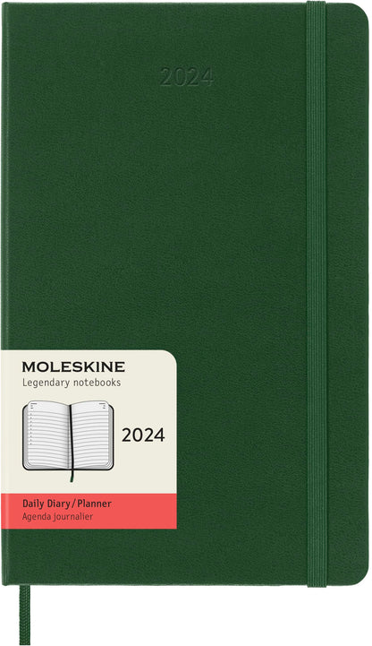 Moleskine Daily Agenda 12 Months 2024, Agenda 2024, Size Large 13x21, Hard Cover and Elastic Closure, Colour Myrtle Green Daily Hard Cover - Large Myrtle Green