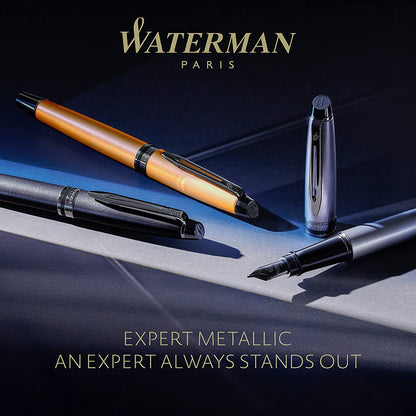 Waterman Expert Fountain Pen | Metallic Black Lacquer with Ruthenium Trim | Medium PVD Coated Stainless Steel Nib | Blue Ink | With Gift Box Medium Nib Black