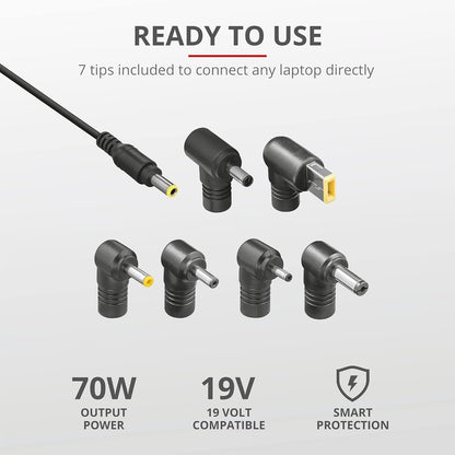 Trust Simo Extra Slim Universal Laptop Charger 70 Watt 18-20 V 100/240 V 7 Adapter Plugs - Black