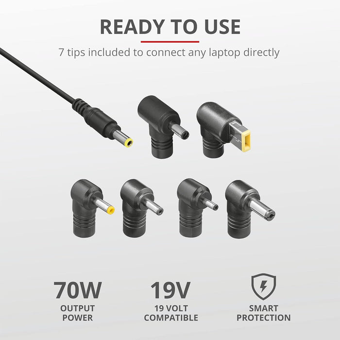 Trust Simo Extra Slim Universal Laptop Charger 70 Watt 18-20 V 100/240 V 7 Adapter Plugs - Black
