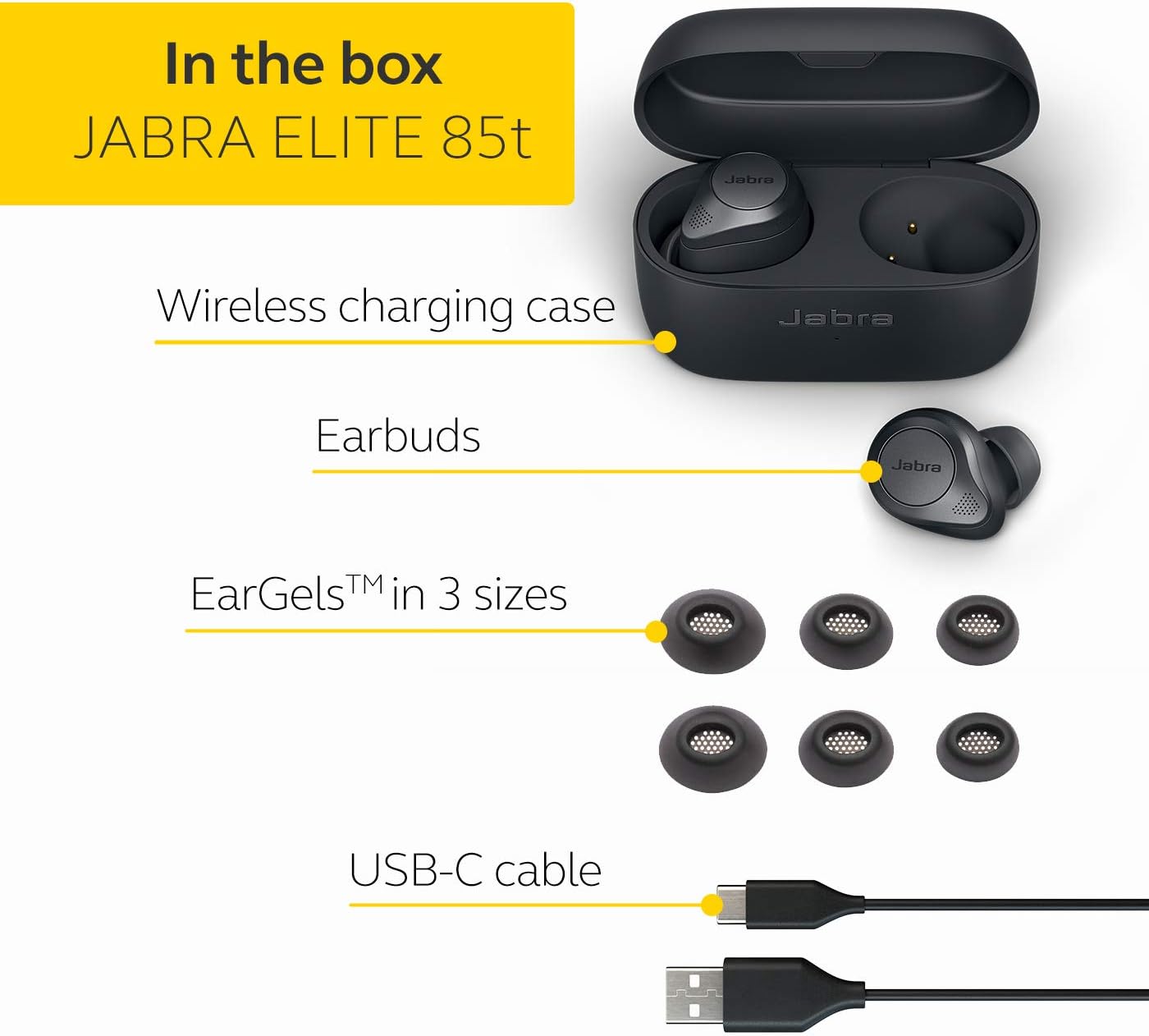 Jabra Elite 85t True Wireless Earbuds - Jabra Advanced Active Noise Cancellation with Long Battery Life and Powerful Speakers - Wireless Charging Case - Grey Elite 85t Single Gray