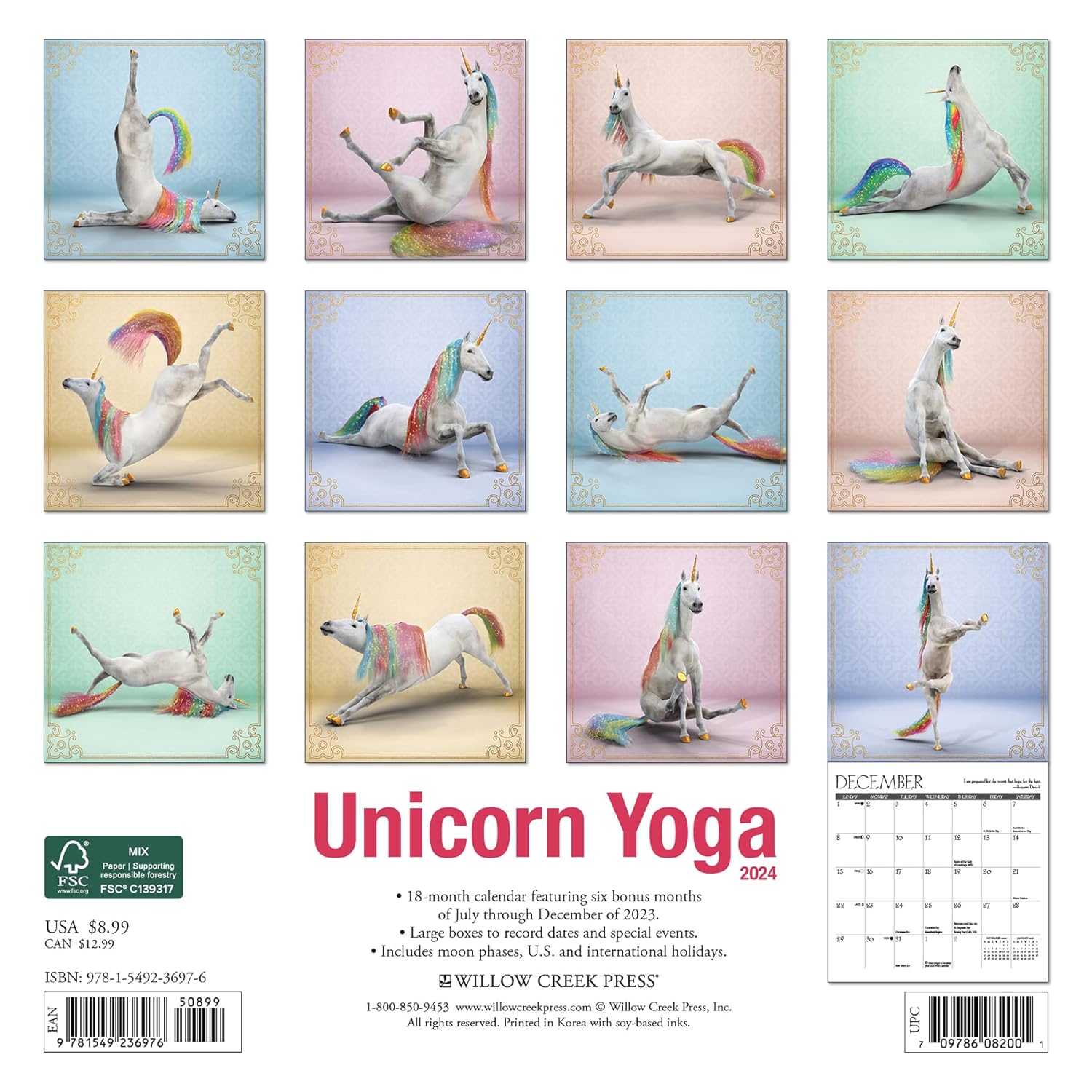 Unicorn Yoga 2024 7 X 7 Mini Wall Calendar