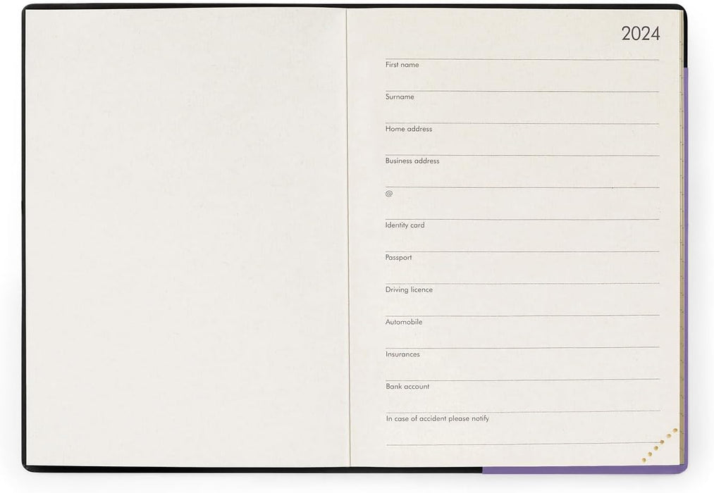 Legami - Daily Diary Small, 12 Months, from January 2024 to December 2024, Closure with Elastic, Monthly Planner January 2025, Final Pocket, Removable Address Book, 9.5x13.5 cm, Lavender Colour