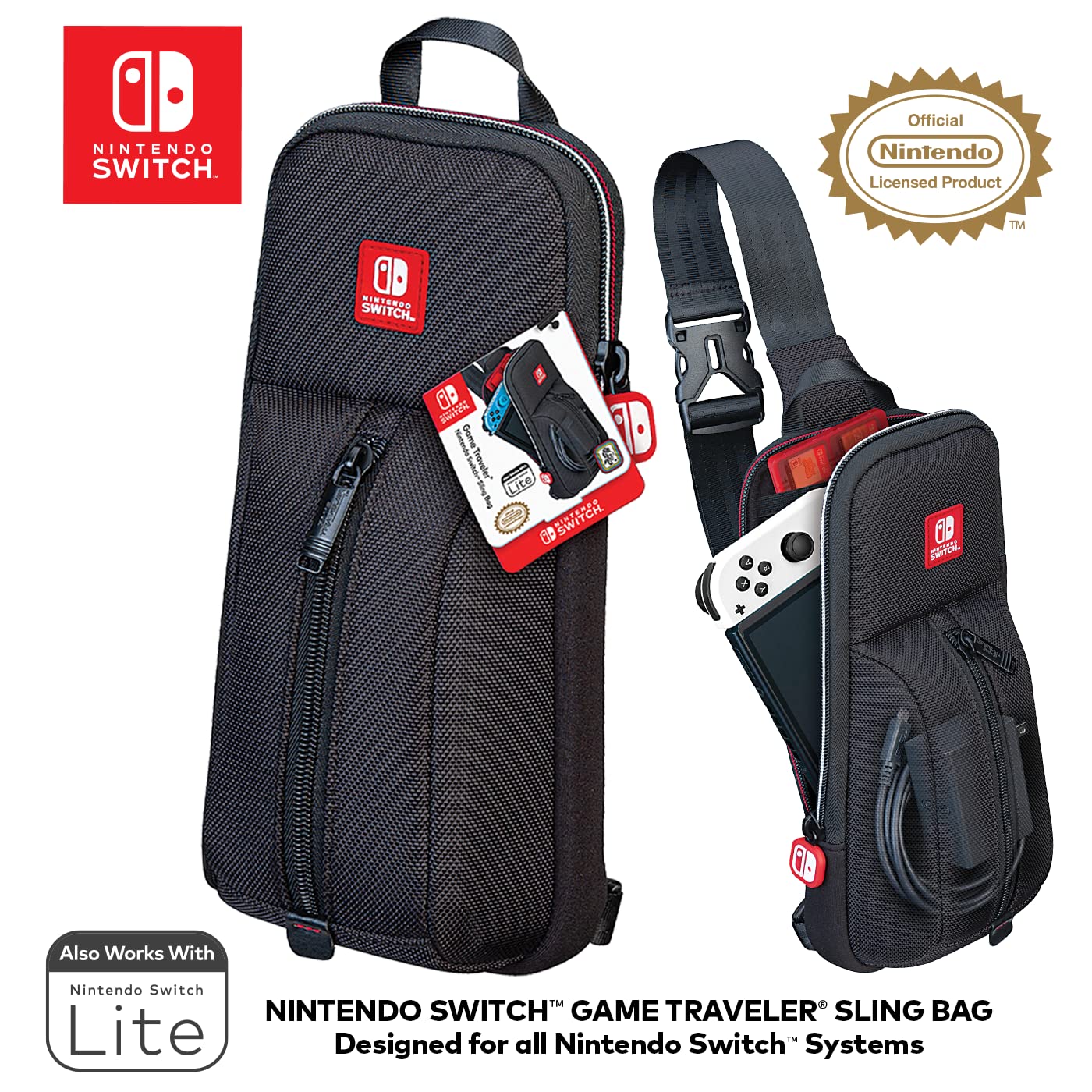 Game Traveler Sling Bag Nintendo Switch Case - Switch OLED Case for Switch OLED, Switch & Switch Lite, Dual Pockets, Comfort Shoulder Strap & Bonus Game Case, Licensed Nintendo Switch Game case
