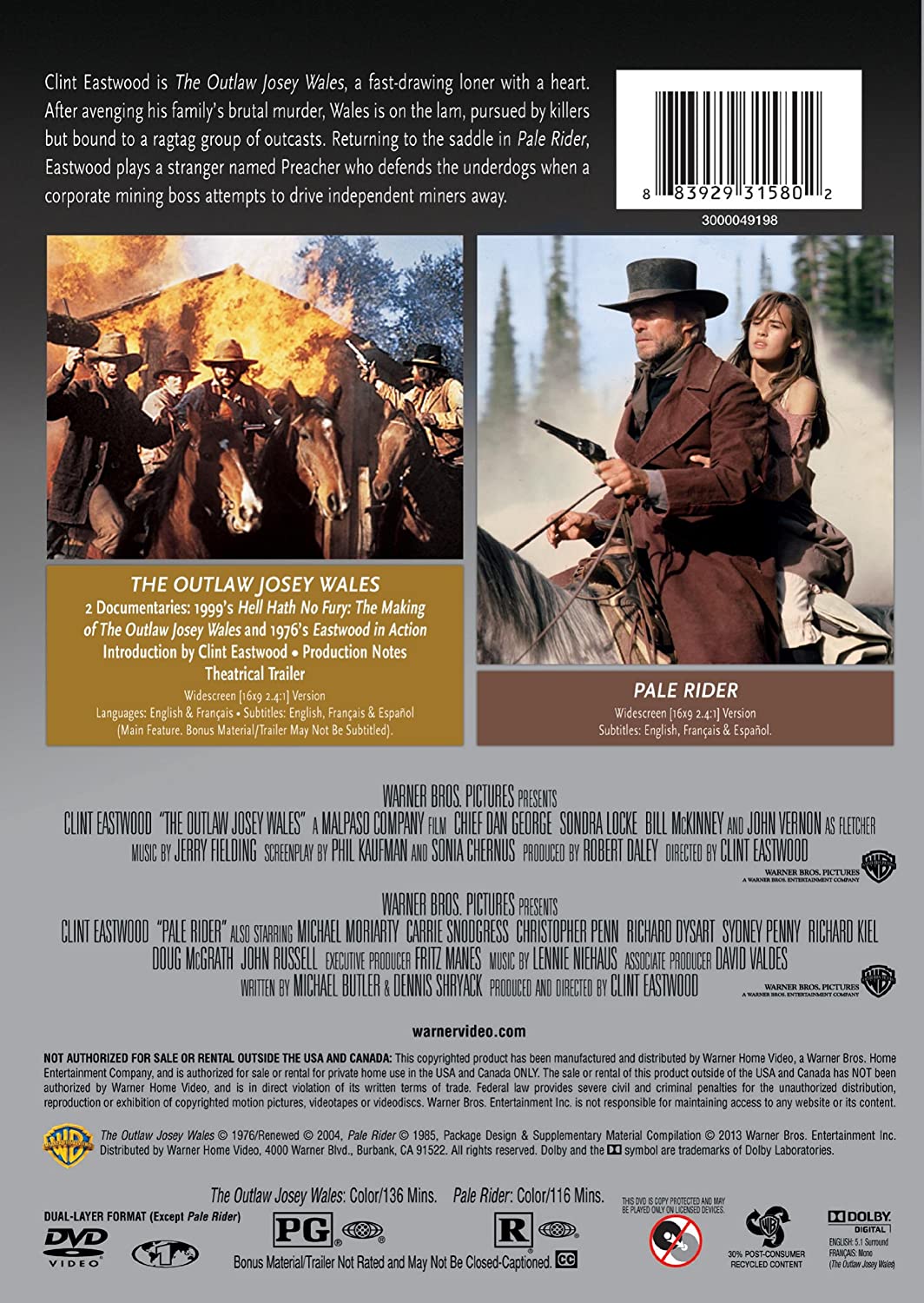 Outlaw Josey Wales, The/Pale Rider (2pk)