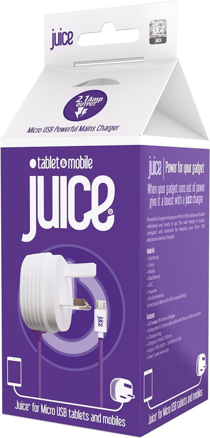 Juice Micro USB Powerful Mains Charger for use with compatible Blackberry, Samsung & HTC Mobiles & Tablets, 2.1 Amp Single