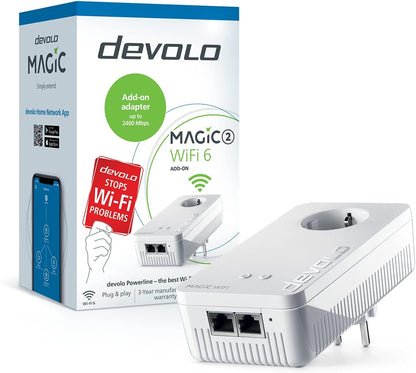Devolo Magic 2 WiFi 6 Adapter, Powerline WiFi Adapter, up to 2400 Mbps, WiFi Mesh, 2X Gigabit dLAN 2.0, White