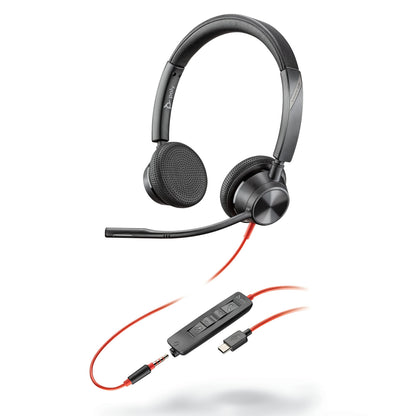 Plantronics – Blackwire 3325 USB-C (Poly) – Wired, Dual-Ear (Stereo) Headset with Boom Mic - Connect to PC/Mac via USB-C or mobile/tablet via 3.5 mm connector – Works w/ Teams (Certified), Zoom & more USB-C & AUX, Teams certified Single Stereo